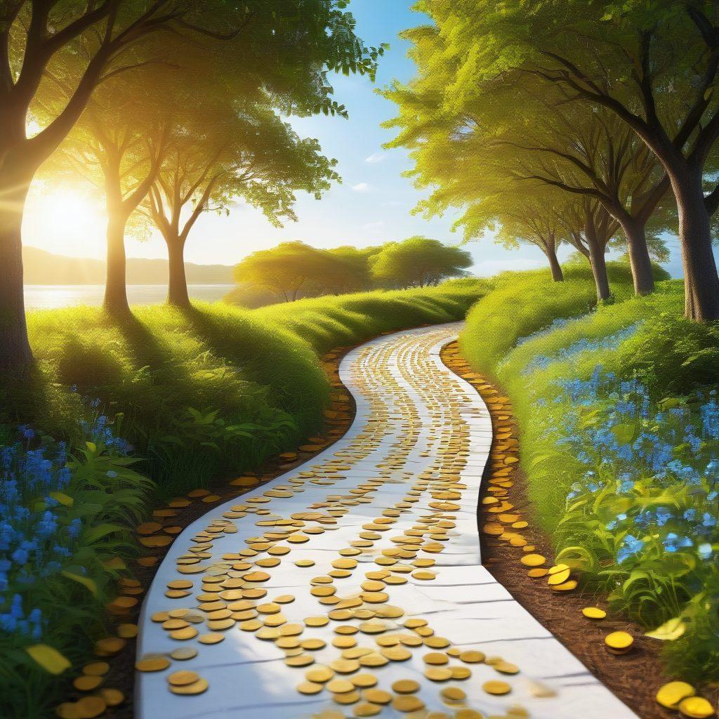 A scenic pathway leading toward a horizon filled with golden coins and financial symbols, with lush trees and a blue sky to represent growth and prosperity. Include silhouettes of individuals confidently walking together, holding documents and digital devices, symbolizing collaboration and knowledge in financial planning. Bright, uplifting colors with a warm glow to evoke feelings of hope and empowerment. super-realistic. vibrant colors. white background.