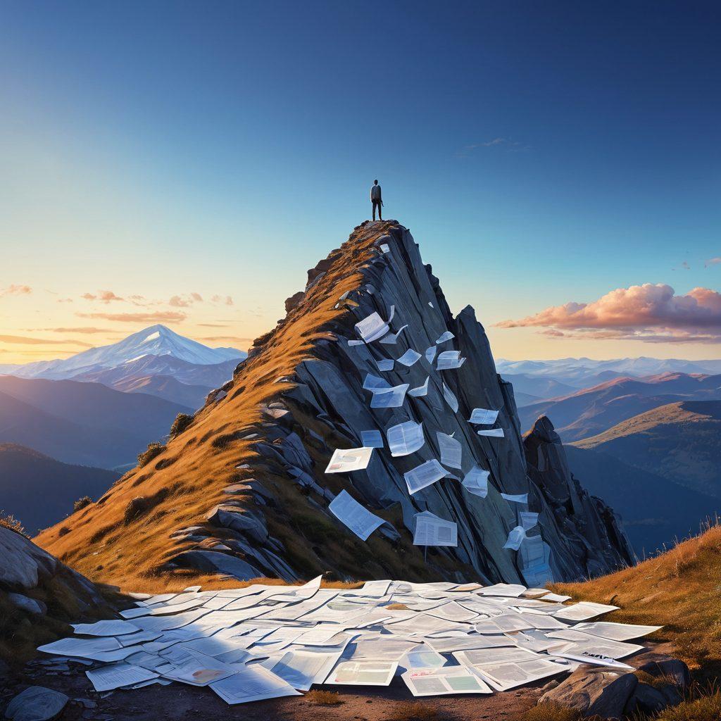 Create an inspirational scene featuring a person confidently standing atop a mountain made of financial papers, symbolizing debt, with a clear blue sky overhead. Surround the person with floating icons representing savings, investments, and wealth management strategies. Include a glowing path leading to a distant horizon labeled 'Financial Independence'. vibrant colors. super-realistic.