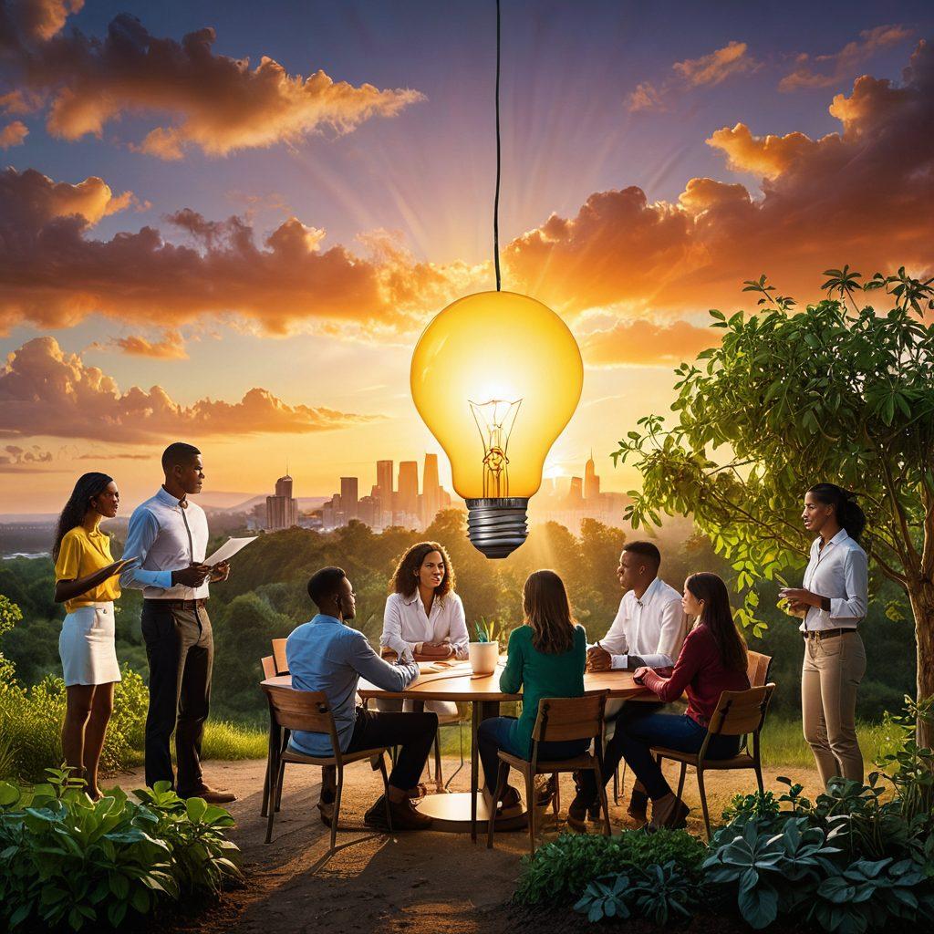 A hopeful scene depicting a diverse group of people gathered around a large, glowing lightbulb symbolizing ideas and hope for a brighter future. In the foreground, financial charts and tools are spread out, blended with plants representing growth and renewal. Each person is engaged in lively discussion, with expressions of determination and optimism. The background shows a sunrise, illuminating the sky with warm colors, symbolizing new beginnings. super-realistic. vibrant colors. inspiring atmosphere.
